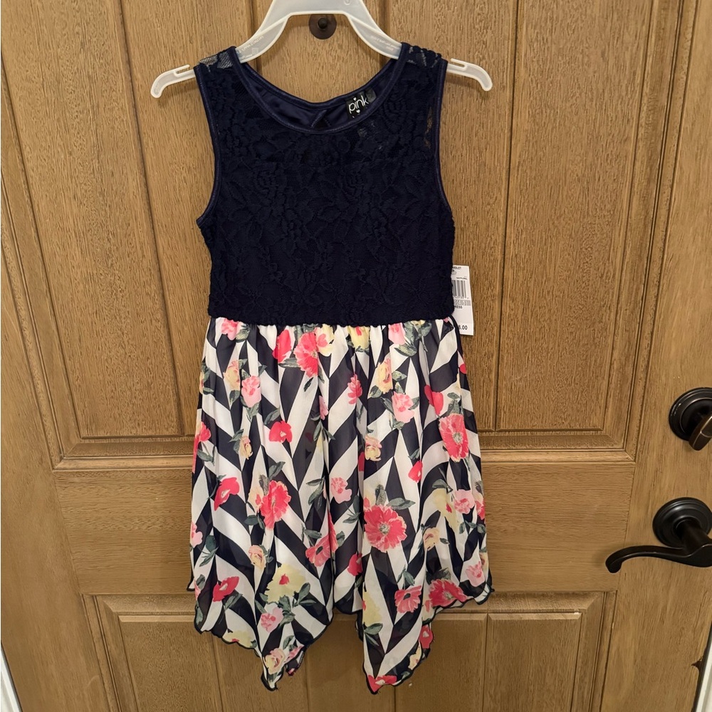 Charming Kids Dress with Navy Lace and Pink Floral Skirt